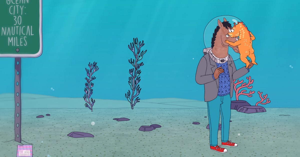 BoJack stranded with a clinging baby seahorse