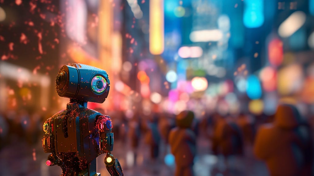 A robot watching a crowd of people in a futuristic city.