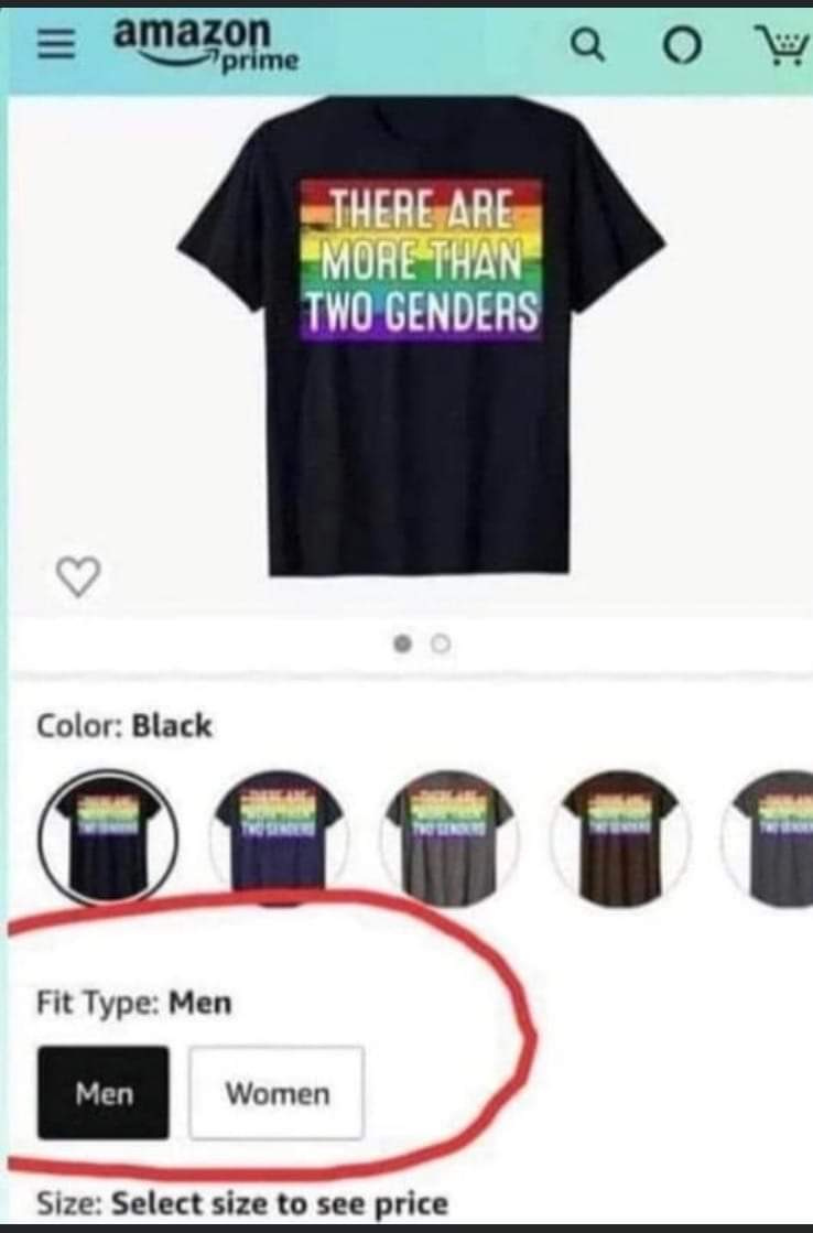 May be an image of text that says 'amazon prime THERE ARE MORE THAN TWO GENDERS Color: Black হর WরN Fit Type: Men Men Women Size: Select size to see price'