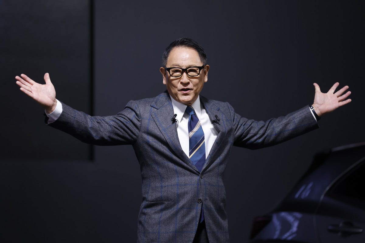 Akio Toyoda, chairman of Toyota Motor Corp., speaks during a news conference at the Tokyo Auto Salon in Chiba, Japan, on Friday, Jan. 12, 2024. The annual event at Makuhari Messe convention center runs through Jan. 14. Photographer: Kiyoshi Ota/Bloomberg via Getty Images