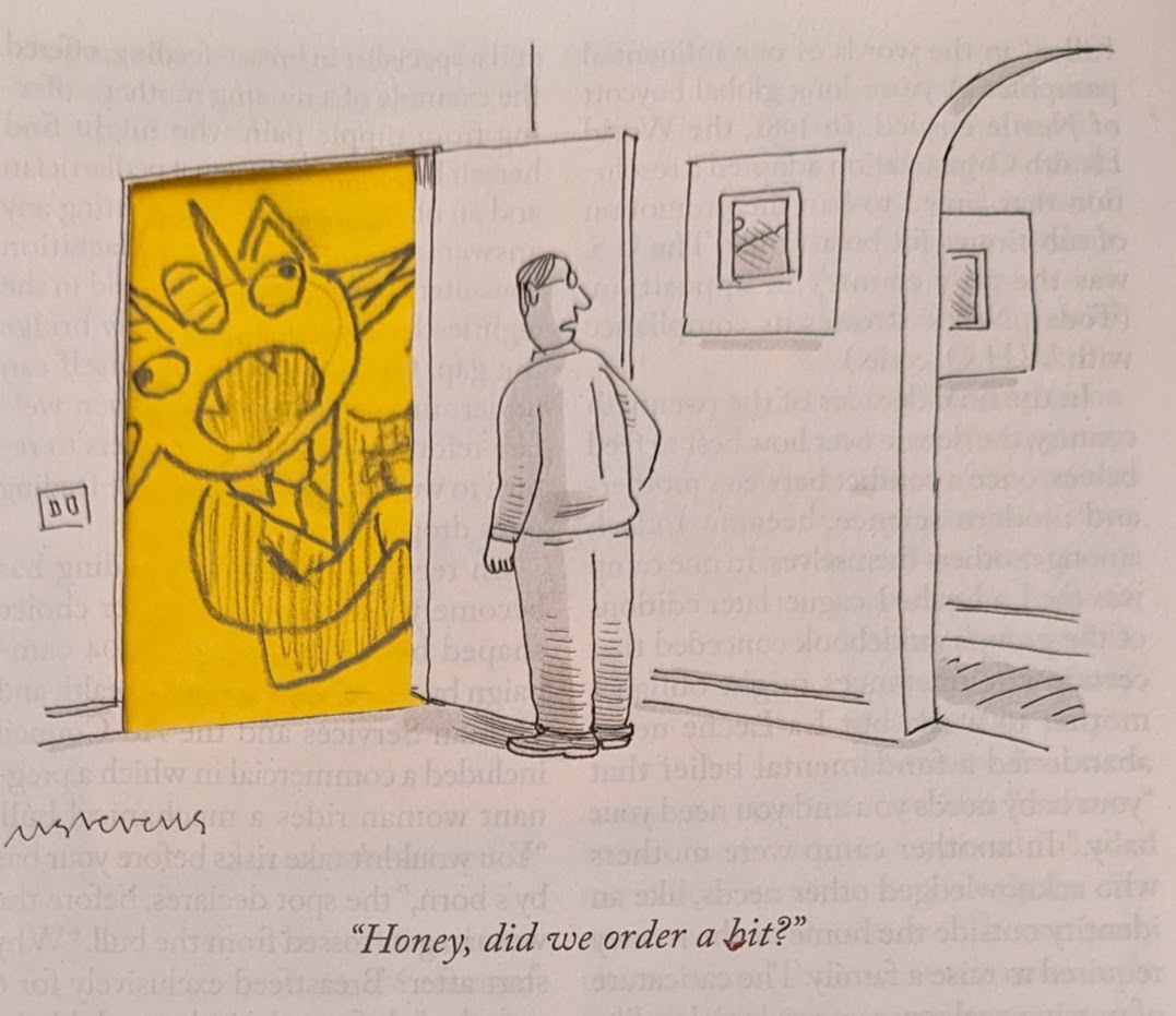 New Yorker cartoon of a dude opening his door with caption "Honey, did we order a bit?" and they've removed the real illustration and put in one of Senator Meow at the door. "bit" is hastily edited from "hit" in the original caption. it was probably like an assassin or something.