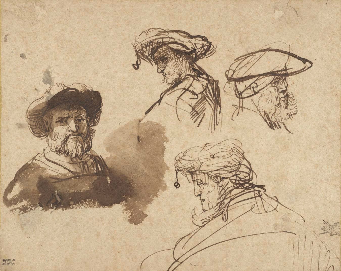 Rembrandt, Quatro estudos de cabeças de homens, c. 1636. Foto: Allan Macintyre © President and Fellows of Harvard College.