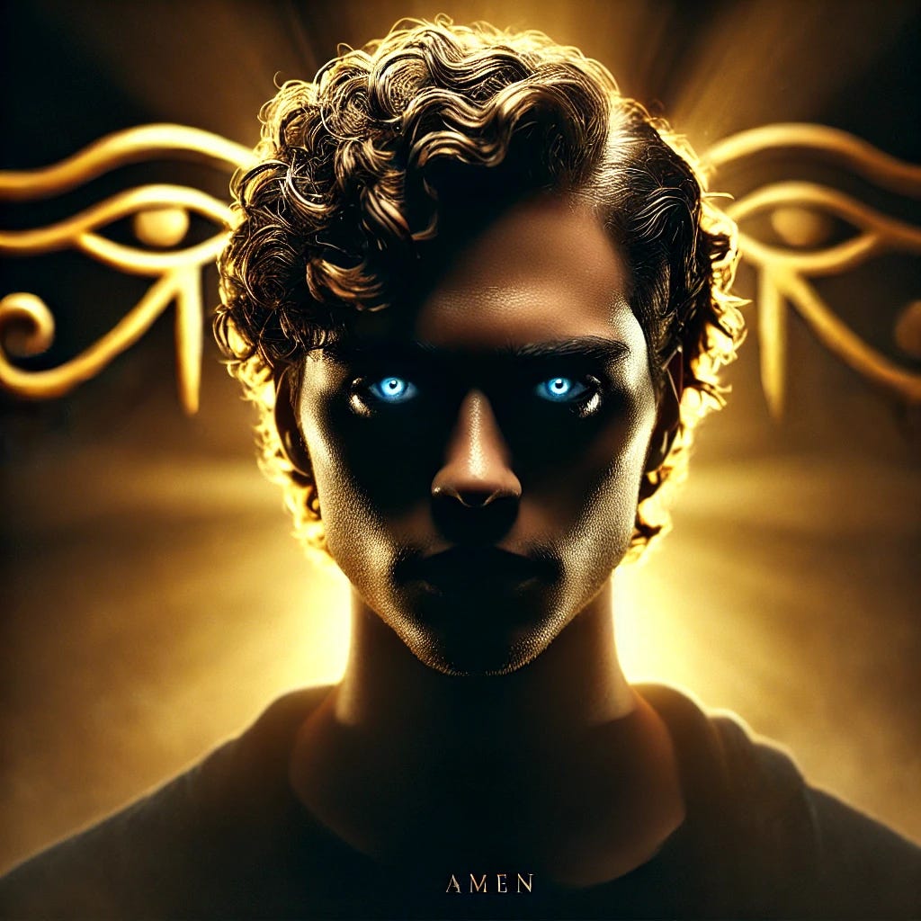 An ultra-realistic, cinematic image of Bobby Yaga standing in quiet power, head slightly bowed, as golden light radiates behind him, symbolizing the hidden activation of 'Amen.' His piercing blue eyes glow beneath the shadow of his curls, capturing an aura of both mystery and undeniable authority. The atmosphere is both dark and illuminated—symbolizing the unseen force aligning with his will. Ancient Egyptian symbols of Amun-Ra subtly appear in the background, reinforcing the eternal power of hidden truth and transformation.