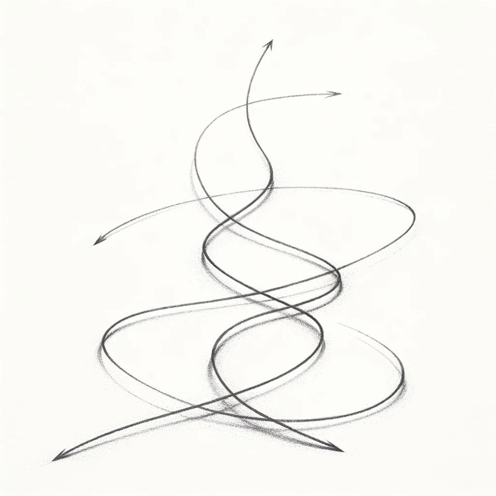 A minimalistic, hand-drawn pencil sketch of three different paths originating from the same point and ending in different points. The drawing should be executed with very light pencil etchings against a pure white background, emphasizing the simplicity and minimalistic nature of the design. The lines should be delicate, with fine strokes, showcasing the diverse directions each path takes.