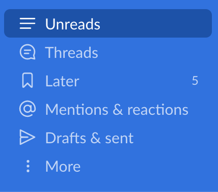 Visão da barra lateral do Slack, com foco em "Unreads" (ou "Não lidas").