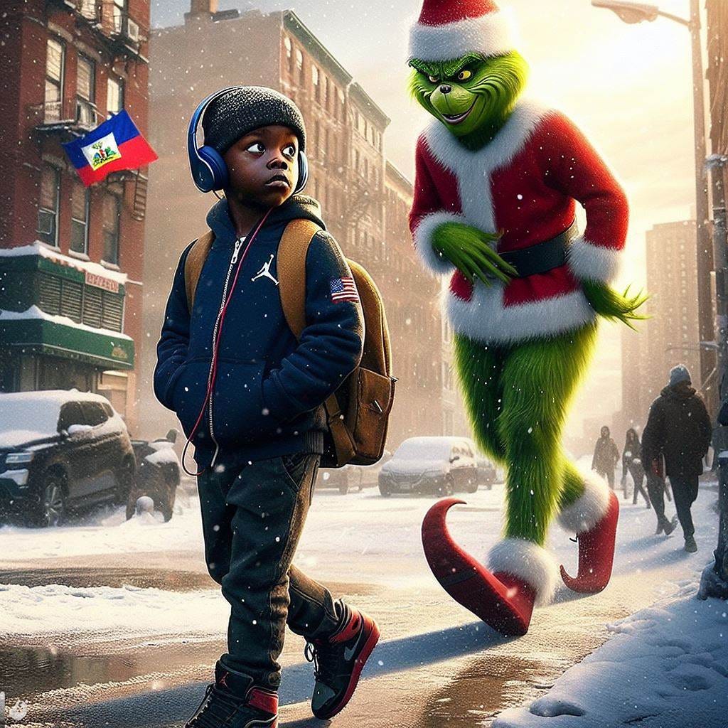 Create a hyper realistic image of a young Black boy walking to school with the character of the grinch following him. The boy is unaware and listening to music he is wearing jordan bred 1s. The background is Brooklyn NY and it is snowing outside.  There's a haitian flag subtly in the background