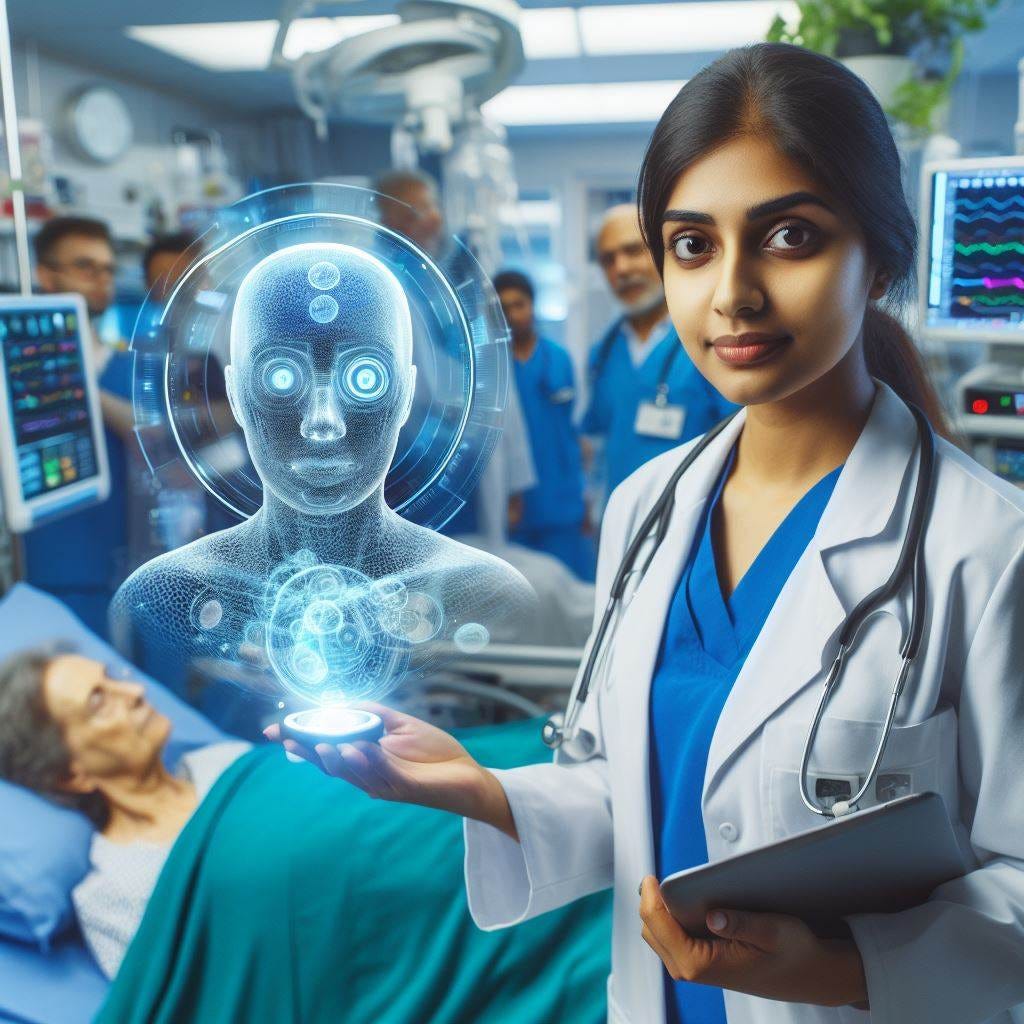 A female Indian physician working in the Intensive Care Unit that is full of a diverse group of patients needing ICU care while an ambient AI hovers over her head.