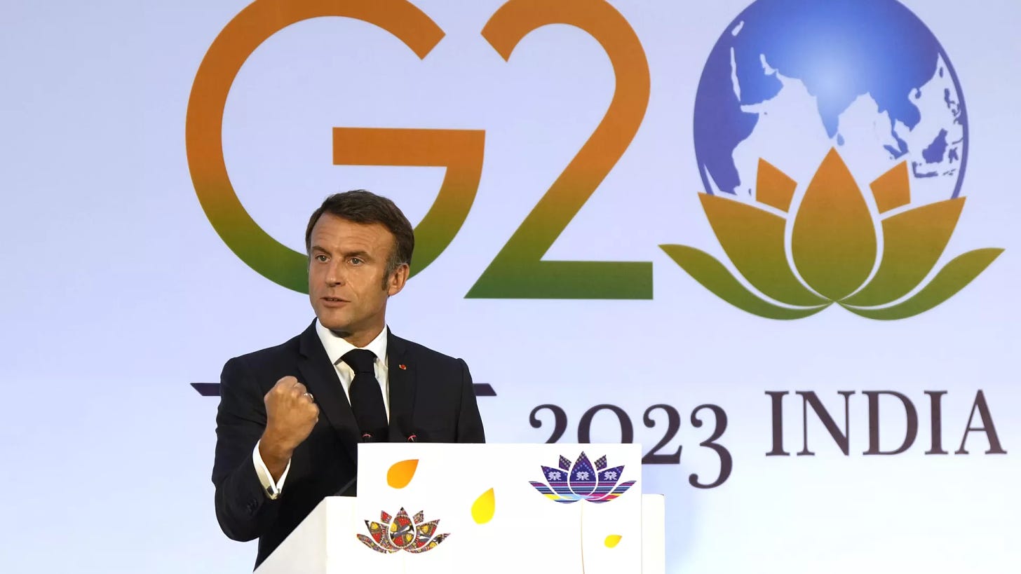 Emmanuel Macron francia elnök a G20 indiai csúcstalálkozóján tartott sajtótájékoztatón - RIA Novosti, 1920, 2023.09.10.