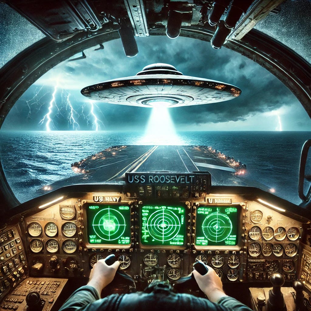 A dramatic depiction of the USS Roosevelt UFO encounter. A U.S. Navy fighter jet cockpit is shown in first-person view, with radar screens detecting an unidentified flying object. Ahead, a sleek, glowing white 'Tic Tac'-shaped craft hovers just above the ocean, moving at impossible angles. The craft emits an eerie light, distorting the air around it. The pilot's hands grip the controls tightly, conveying shock and tension. Distant storm clouds flash with lightning, casting an ominous glow over the water. The scene captures the overwhelming mystery and fear of an encounter beyond human understanding.