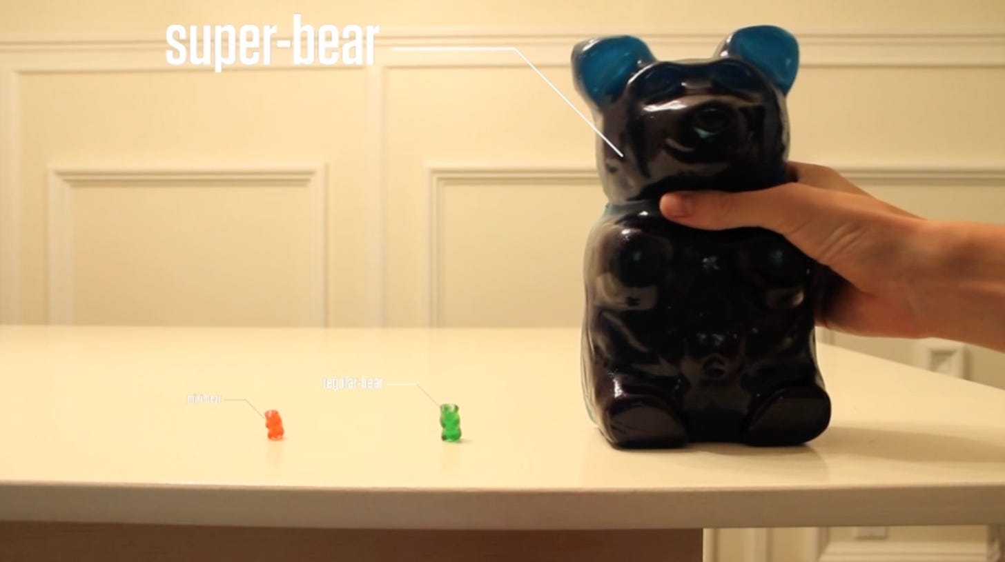 A giant gummy bear next to a medium and small sized gummy bear.