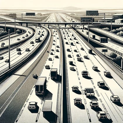 DALL·E 2024-01-19 20.54.24 - An image of an interstate highway in the United States, depicted in a graphic style similar to a New York Times newspaper print. The image should capt.png