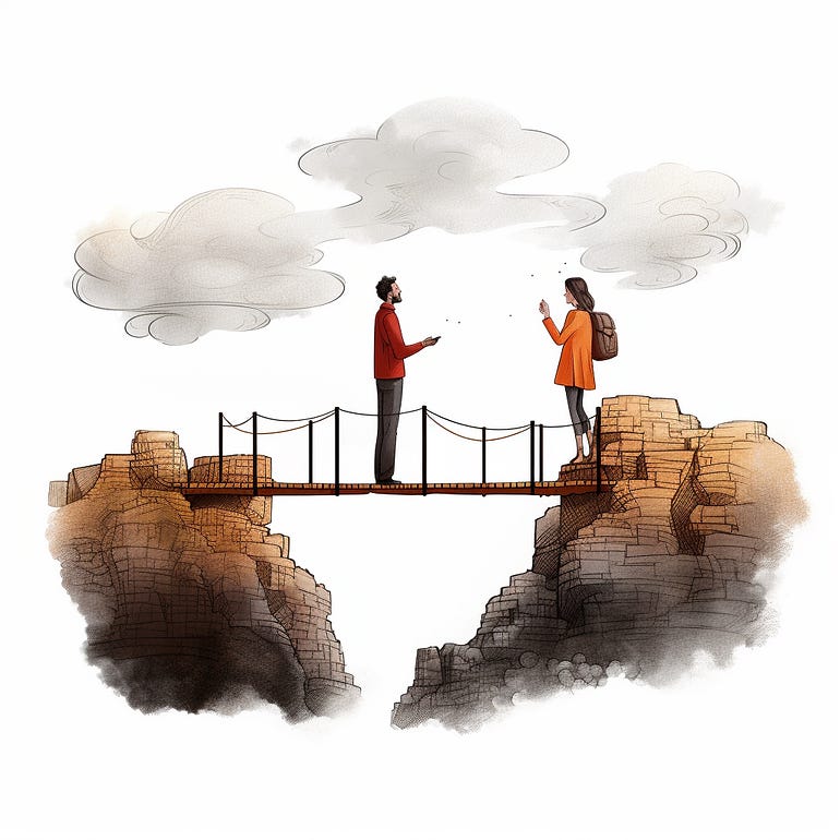 A man on the bridge between two cliffs is communicate and trying to get a woman, standing on one side, to come meet him in the center of the bridge.