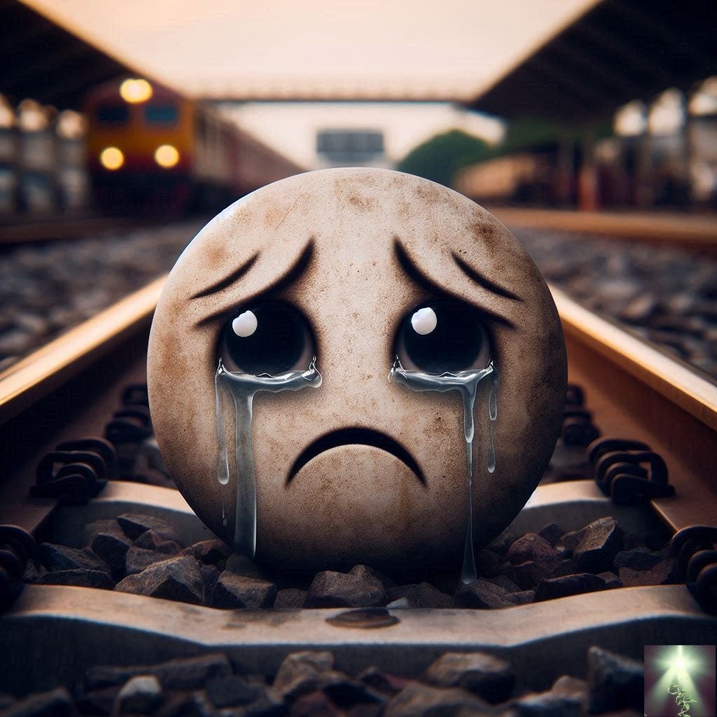 Crying emoticon sat between sleepers on a railway track