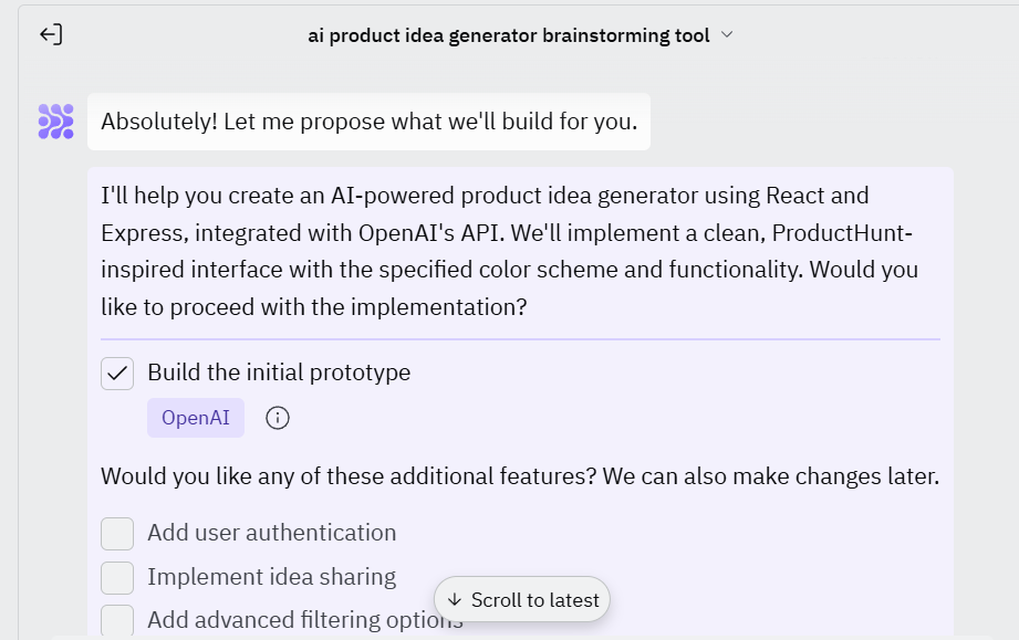 suggested prototype MVP from Replit Agent based in prompt idea