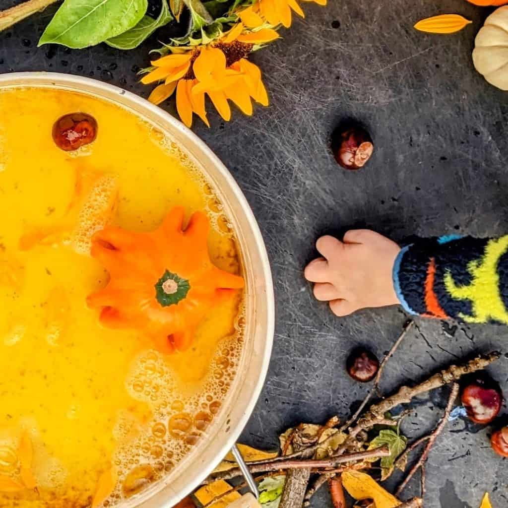 an overhead image of a simple autumn sensory play activity. Visible is a small child's hand who is picking up a conker to put into the autumn 'soup' he is making