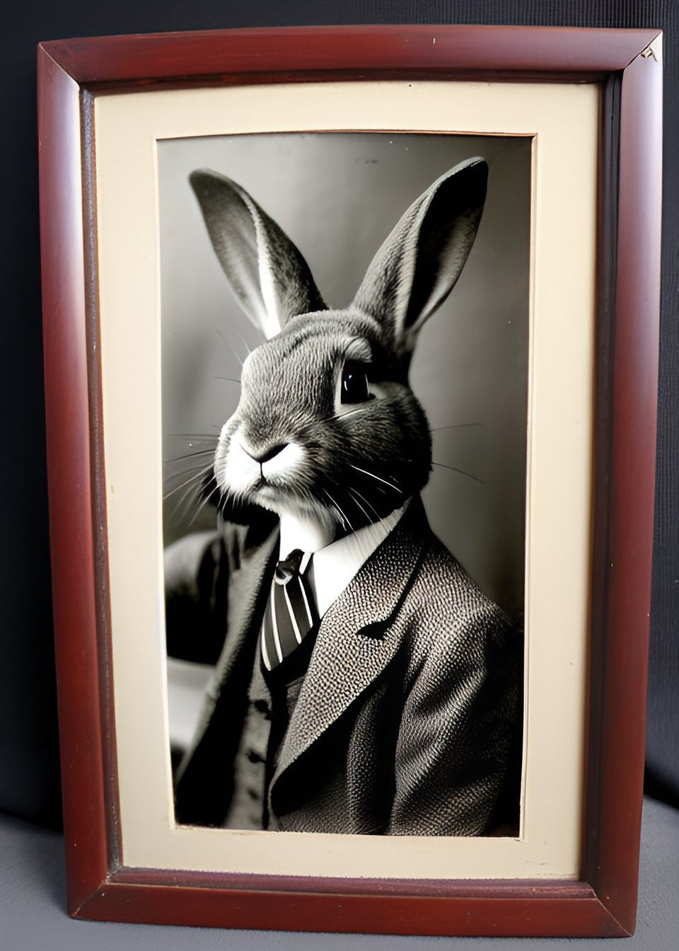 Framed photo of a rabbit in a suit