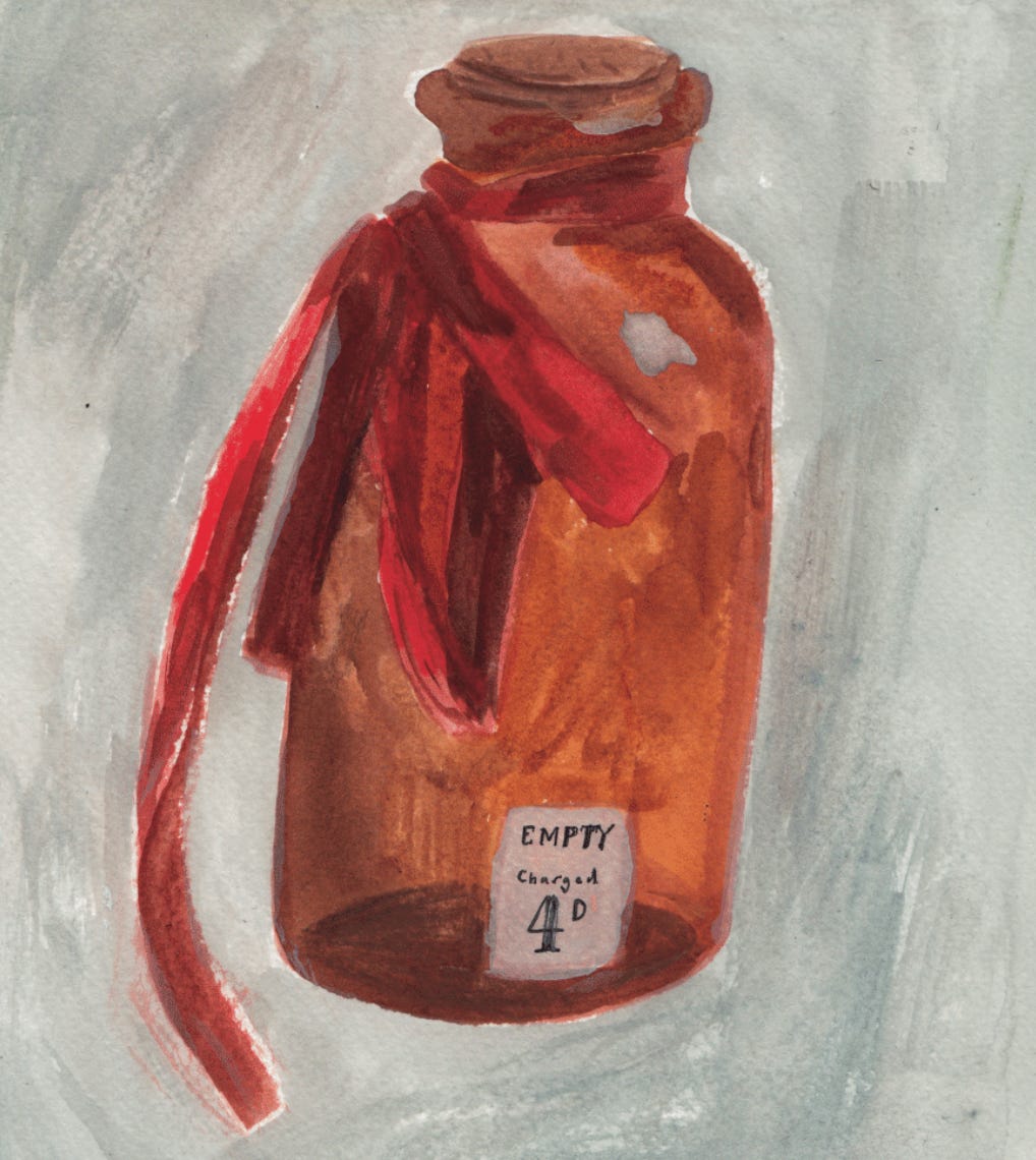 watercolour painting of a brown glass bottle with a label that reads 'empty'
