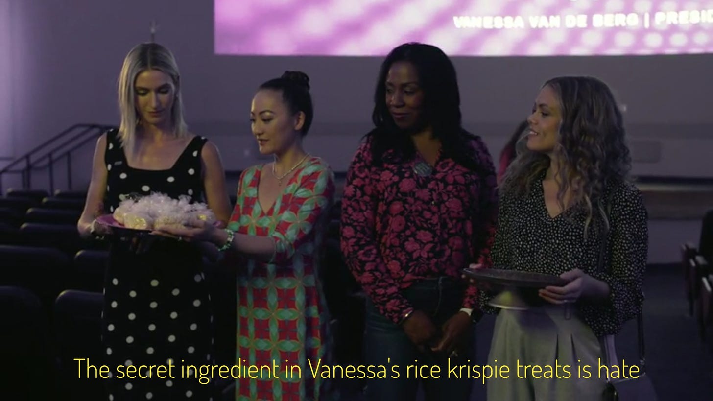 Sunny handing Vanessa a full tray of treats while Gayle holds an empty one, captioned "the secret ingredient in Vanessa's rice krispie treats is hate"