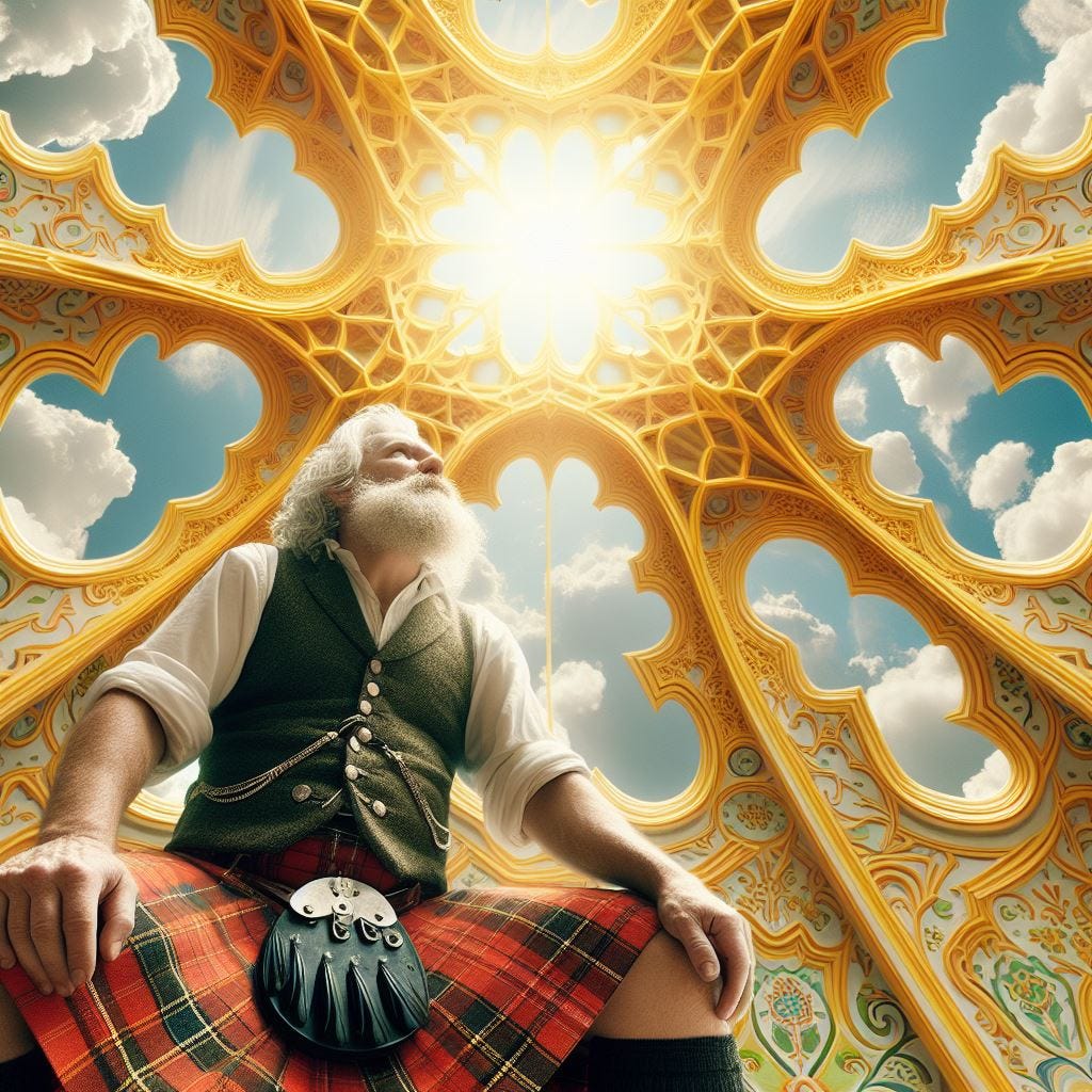 Hyper realistic; tilt shift;  heroic middle aged man in kilt with coral Quatrefoil: cream Gothic Tracery: Louver  yellow and chartreuse decorative ceiling tiles.Hundertwasserhaus, Vienna, Austria: Amsterdam Canal Houses, Amsterdam, Netherlands. Crystal sky. sunny sky, fluffy clouds. Vast distance. sunshower. radiant spiraling into a portal