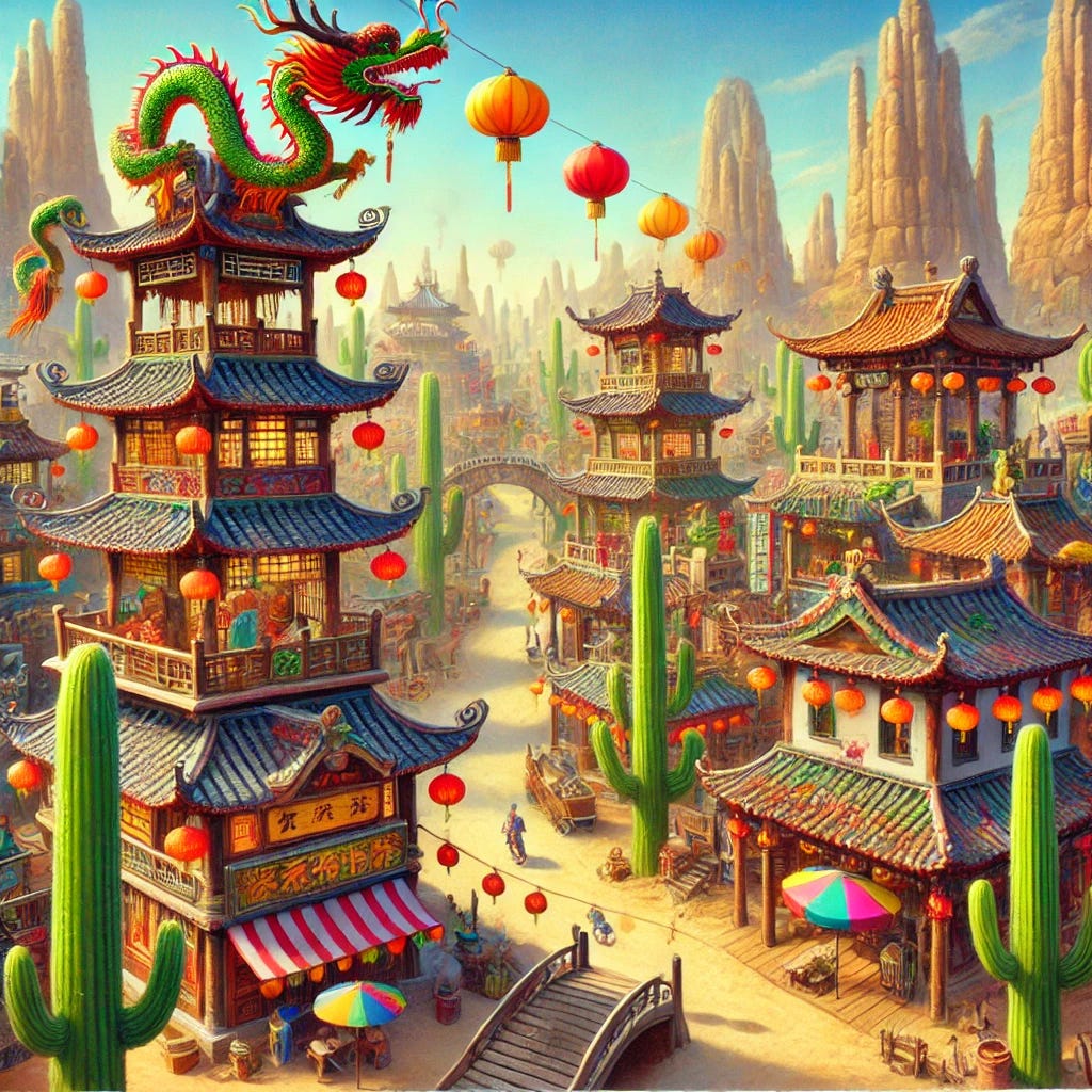 A whimsical depiction of a fictional Chinatown nestled in the Arizona desert. Picture vibrant, traditional Chinese architecture like pagodas and red lanterns blending with desert elements like cacti, sand dunes, and towering mesas. Brightly colored dragon sculptures wind through the streets, while small shops with colorful banners flutter in the hot breeze. The atmosphere is lively with street vendors offering a mix of Chinese and Southwestern cuisine, and cheerful townsfolk go about their day in this imaginative fusion of cultures.