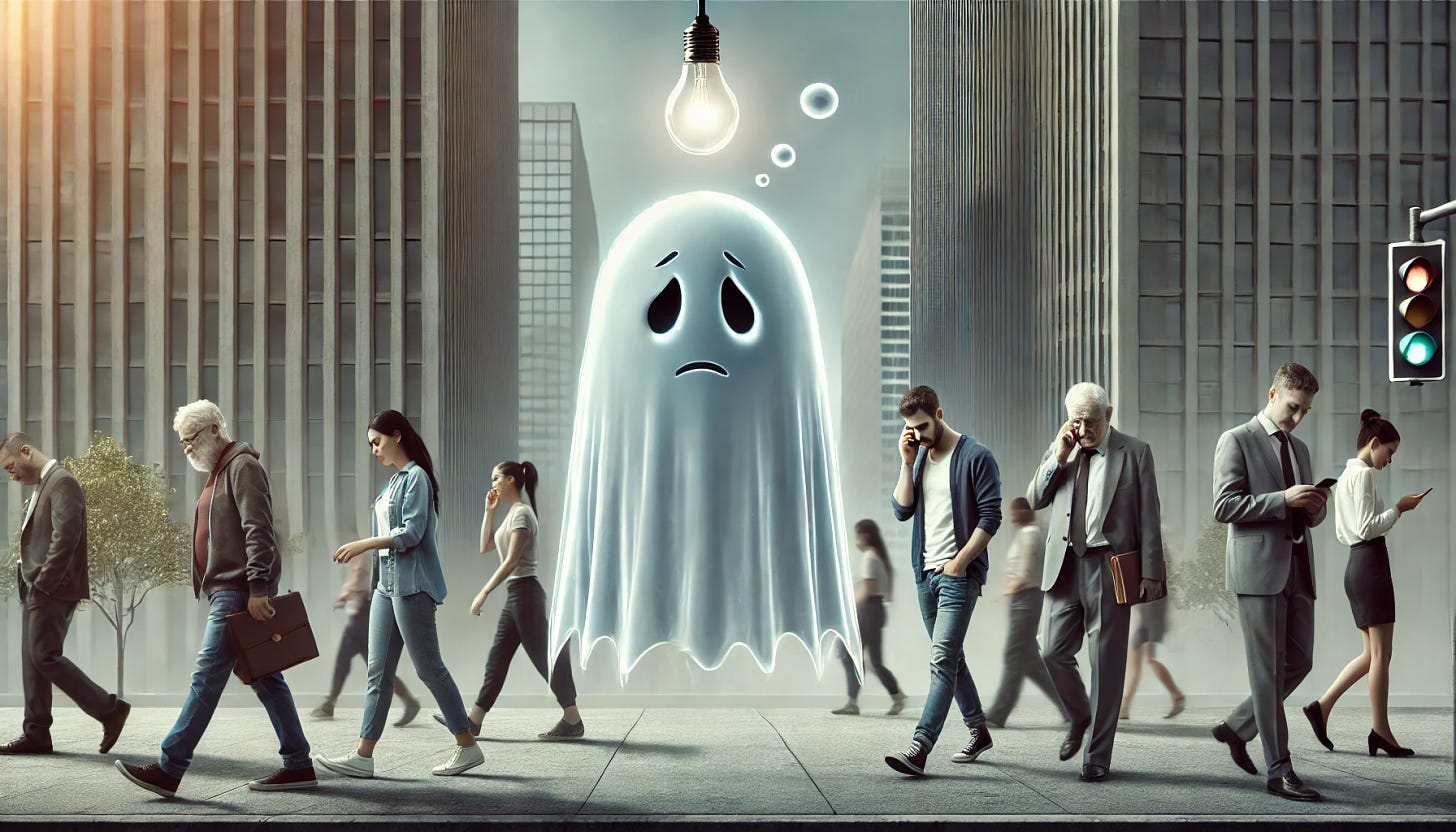 A ghostly figure representing an idea, semi-transparent and floating, with a thought bubble above its head containing a light bulb. The ghost has a sad expression and is surrounded by a group of people who are walking by, completely ignoring it. The people look busy and preoccupied with their own activities, such as talking on phones, reading newspapers, and chatting with each other. The scene is set in a modern city street with tall buildings and a few trees in the background. The atmosphere is slightly gloomy, reflecting the ghost's ignored presence.