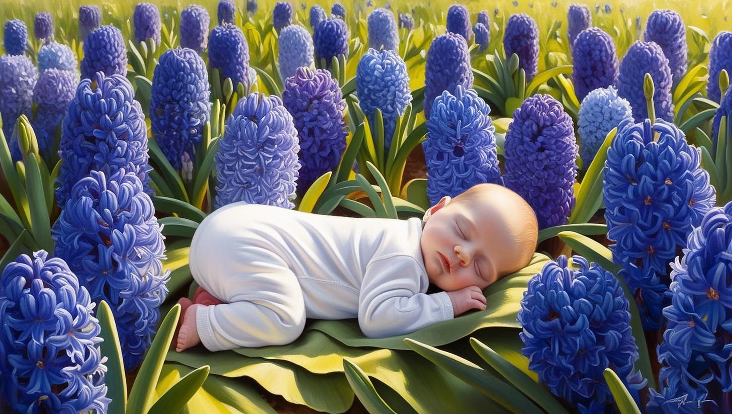 field of blue hyacinth with a baby sleeping in the middle