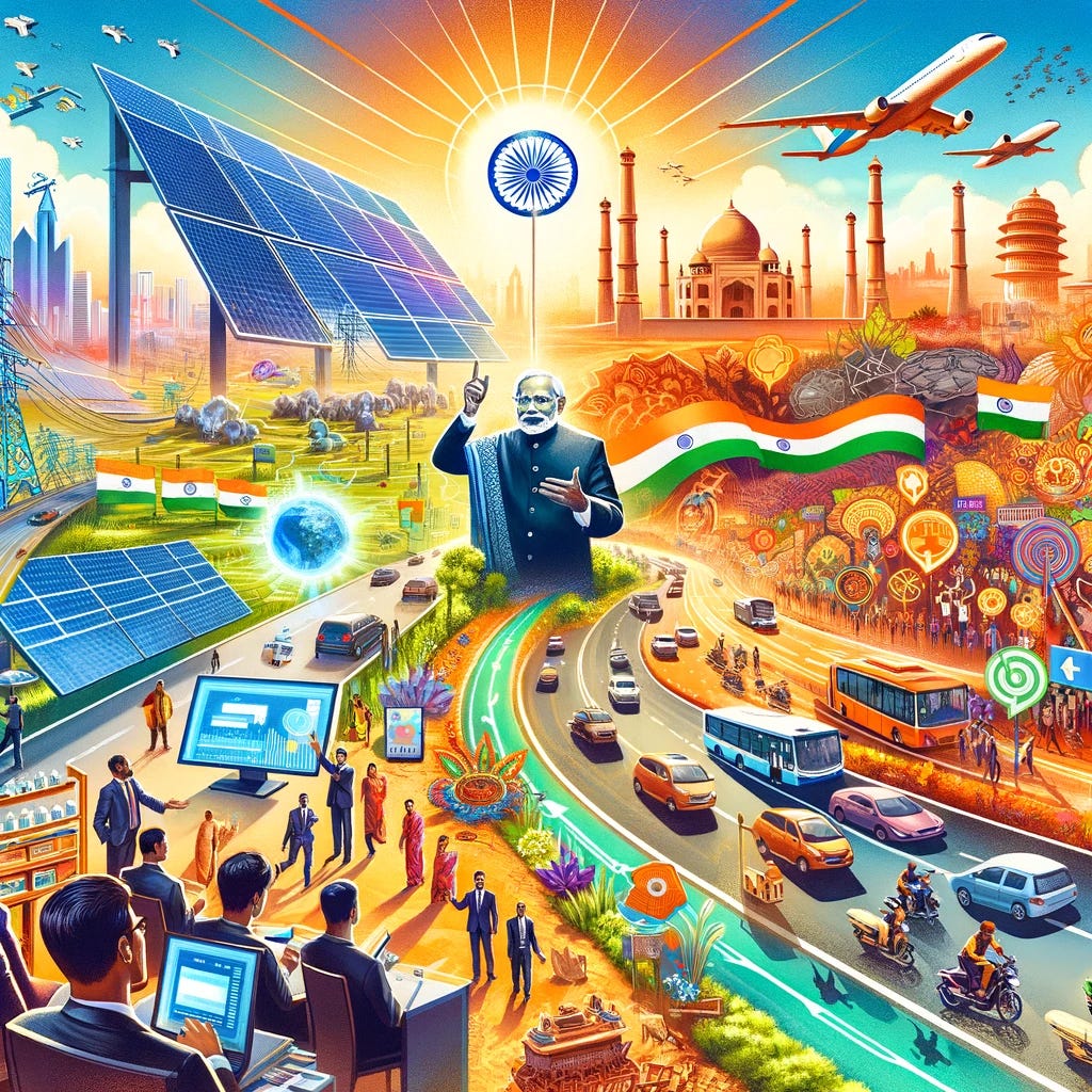 A vibrant and dynamic illustration showcasing India's modernization and economic growth. The image should include diverse elements: busy airports, extensive road networks, and large solar energy panels under construction. Integrate symbols of digital advancement such as people using digital payment systems, and modern infrastructure like banks and a unified digital tax system. Additionally, portray a scene with a CEO giving a PowerPoint presentation, with a backdrop of political rallies. The setting should reflect both the technological progress and the political challenges mentioned, embodying a rich tapestry of modern India.