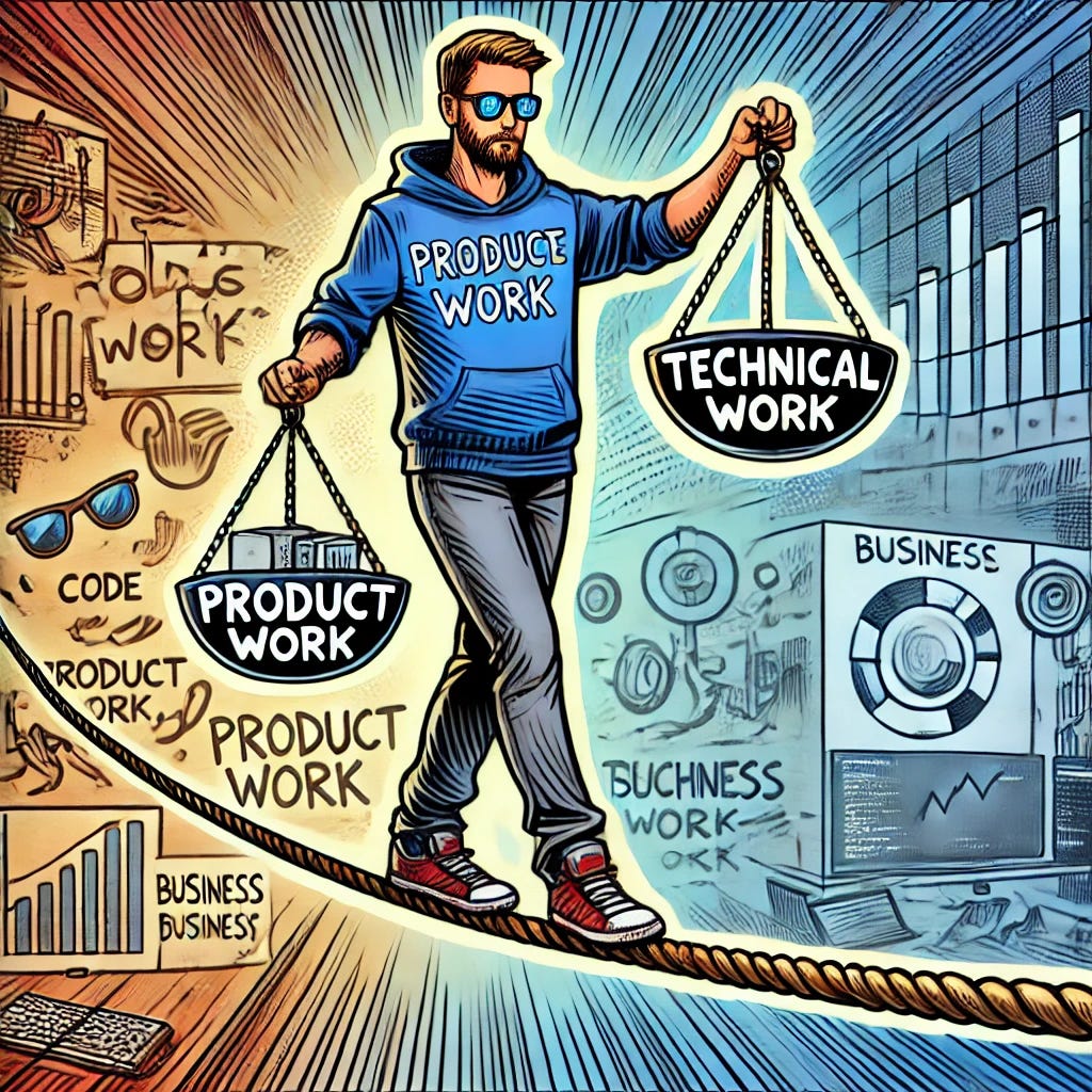 A comic-style drawing of a software engineer balancing product work with technical work. The engineer is depicted standing on a tightrope, holding a scale with 'Product Work' on one side and 'Technical Work' on the other. The background features a dynamic, modern tech office setting with abstract elements symbolizing code, business charts, and deadlines. The illustration has bold outlines, vibrant colors, and an expressive style, capturing the challenge of maintaining balance between these two aspects of software development.