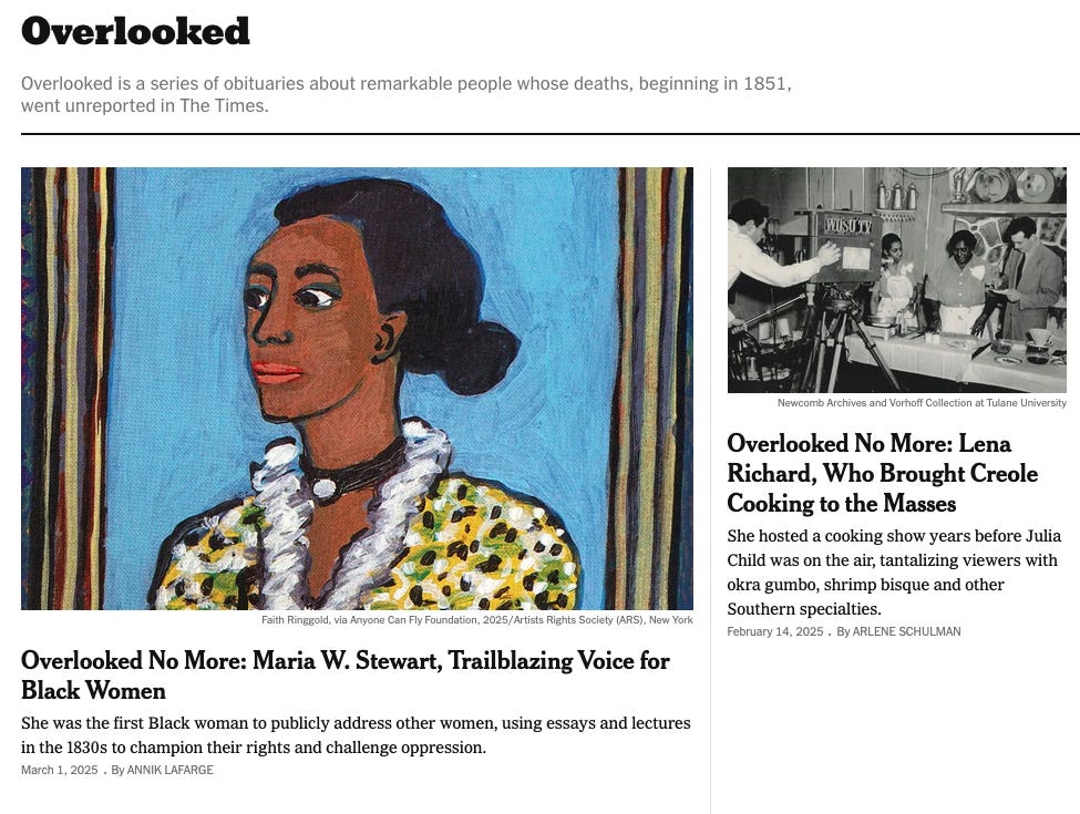 Homepage della rubrica Overlooked del New York Times, in primo piano un ritratto di Maria W. Steward dipinto da Faith Ringgold