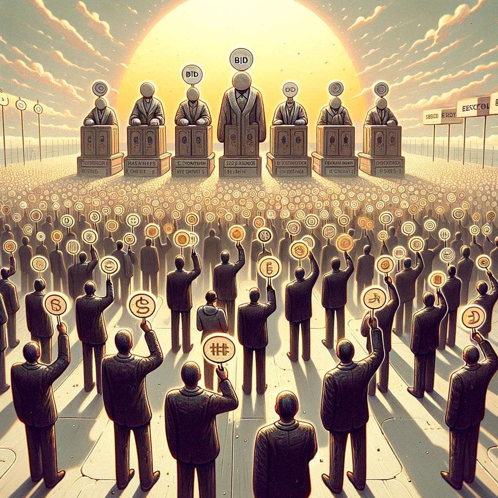 A metaphorical illustration showing tokens bidding for experts in a BASE layer of a Mixture of Experts model. The image should depict a group of tokens, represented as small circles or icons, standing in front of a row of experts, depicted as larger, distinguished figures or machines. Each token is shown raising a hand or holding a sign, indicating a bid, towards the expert it aligns with best. The experts should appear attentive, evaluating the bids from the tokens. This scene symbolizes the process of token-to-expert allocation in BASE layers, where tokens are metaphorically 'bidding' to be processed by the most suitable experts. The artwork should capture the dynamic and strategic nature of this allocation process, emphasizing the concept of optimal assignment in a playful and conceptual manner.