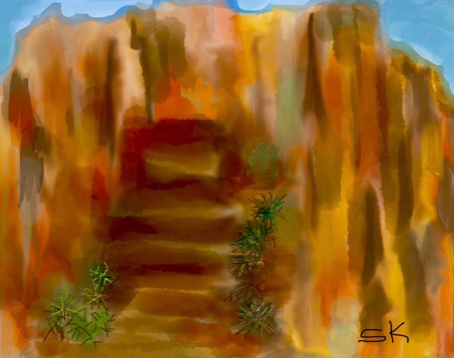 Abstract painting by Sherry Killam Arts showing bold reds, orange, golds on walls of a small hidden canyon below the desert surface.