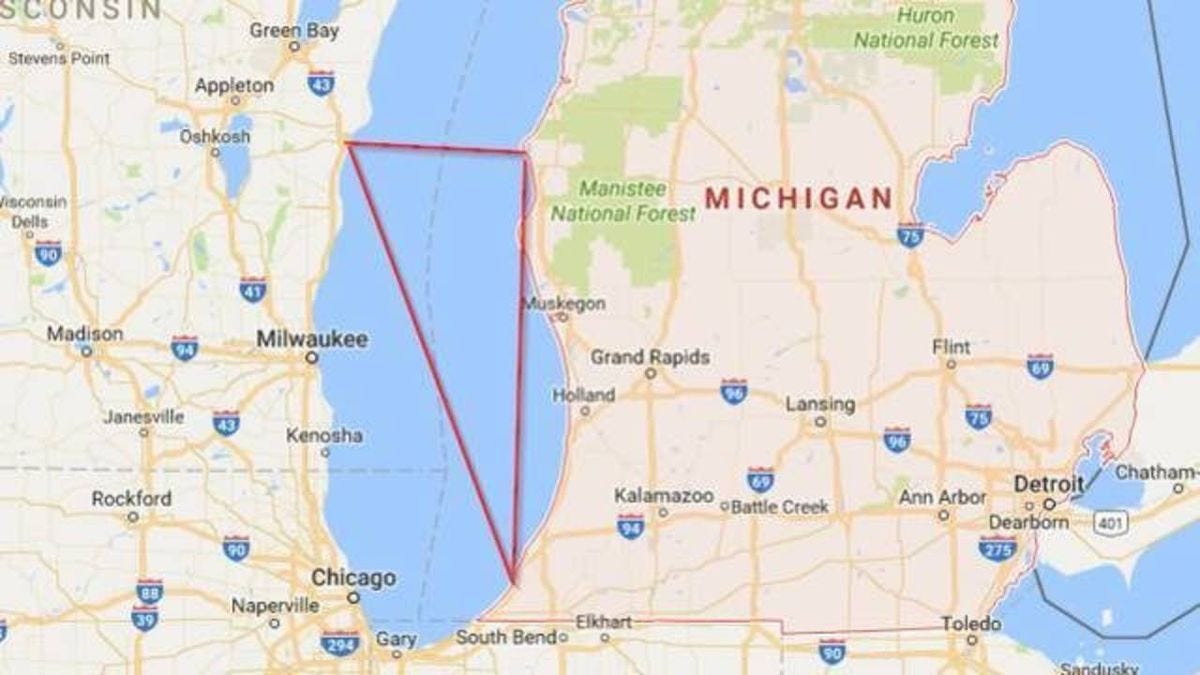 image of the state of michican and Lake Michigan with a triangle drawn over the map to show where many strange incidents happen.