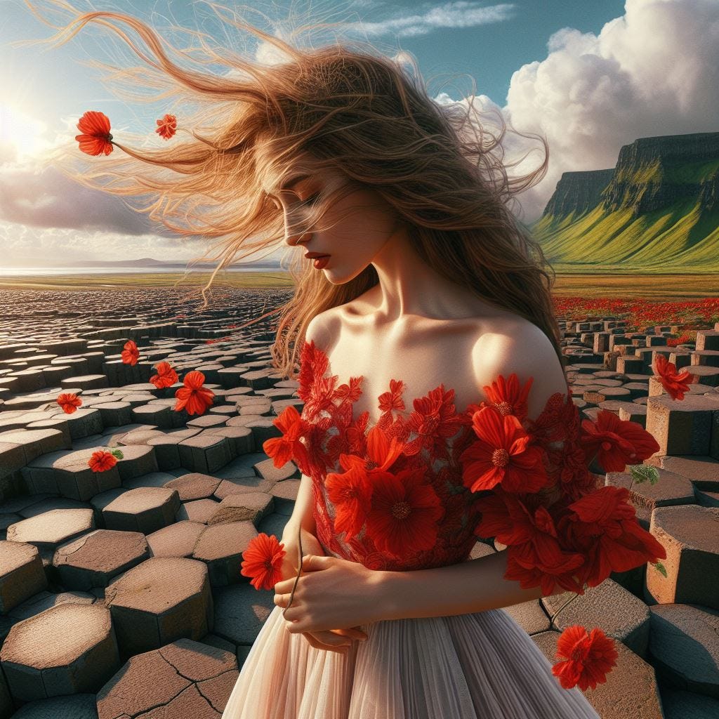Hyper realistic; close up Hikuri woman red  inflorescent Asteridae dress. wipsy cream lace. background Hexagonal Basalt Columns (Giant's Causeway) becoming one with flat plain . Vast distance. sunny day  clouds of dreams and music spilling rain of light