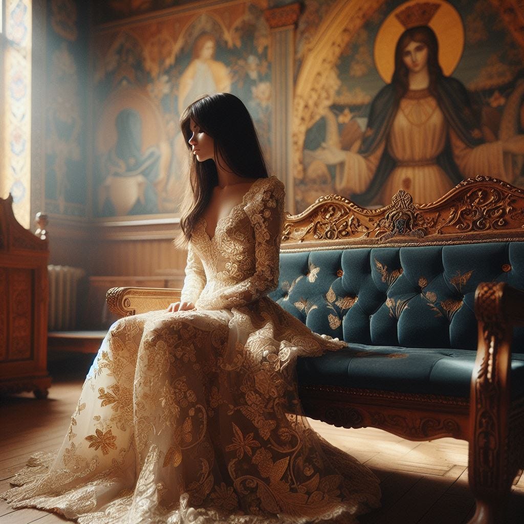 hyper realistic ;tiltshift; vast distance. dark haired woman sitting on French Bergère Chair: dress covered in gold pajaro pattern dress is a cream color on light cerrelean blue dress with a cream lace with a mono pattern embroidered on it.recycled leather by natalie dunham on wall. inside of Orthodox Church of Holy Spirit in Chłopiatyn, POLAND 