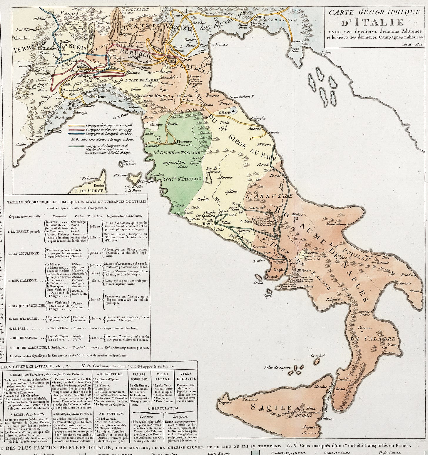 Carte géographique d’Italie avec ses dernières divisions politiques et la trace des dernières campagnes militaires