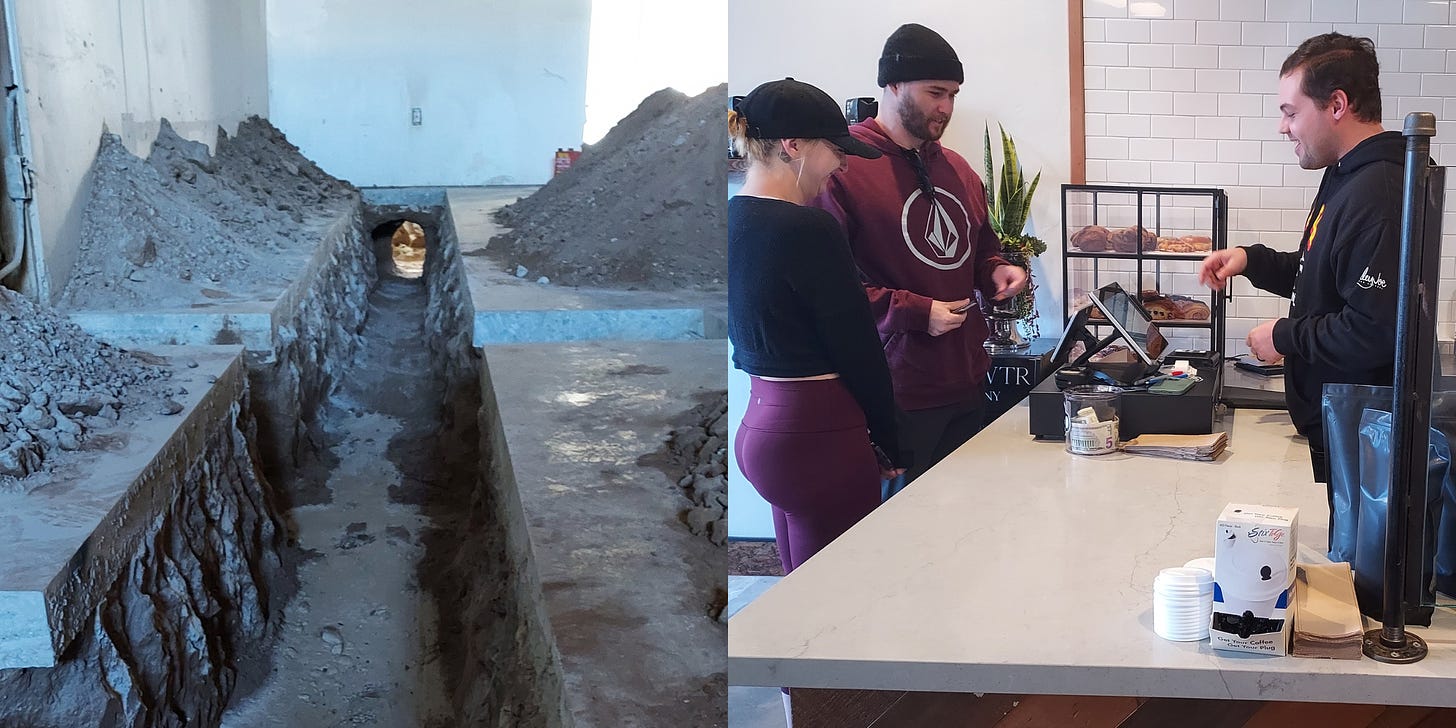 A two-photo collage. Left-a trench is dug into concrete inside a retail space. Right-A barista punches an order into the register for two customers ordering coffee. They stand on opposite sides of a white, marble countertop.
