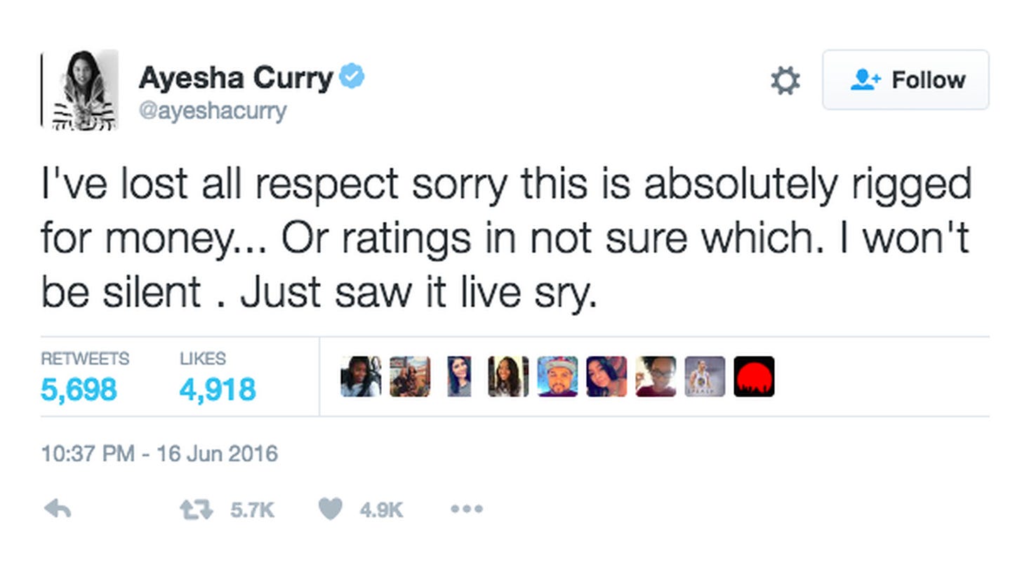 Ayesha Curry claimed the NBA is 'absolutely rigged' after Steph fouled out  in Game 6 - SBNation.com