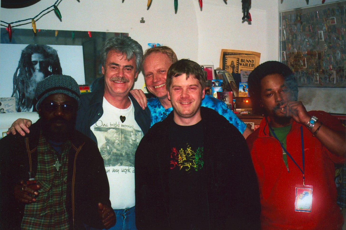 L-R: Aston “Family Man” Barrett, Roger Steffens, me, Chris (Wailers keyboard), Yvad (Wailers lead singer for the 2007 tour), in Roger Steffens Reggae Ark-Hives L-R: Aston “Family Man” Barrett, Roger Steffens, me, Chris (Wailers keyboard), Yvad (Wailers lead singer for the 2007 tour), in Roger Steffens Reggae Ark-Hives