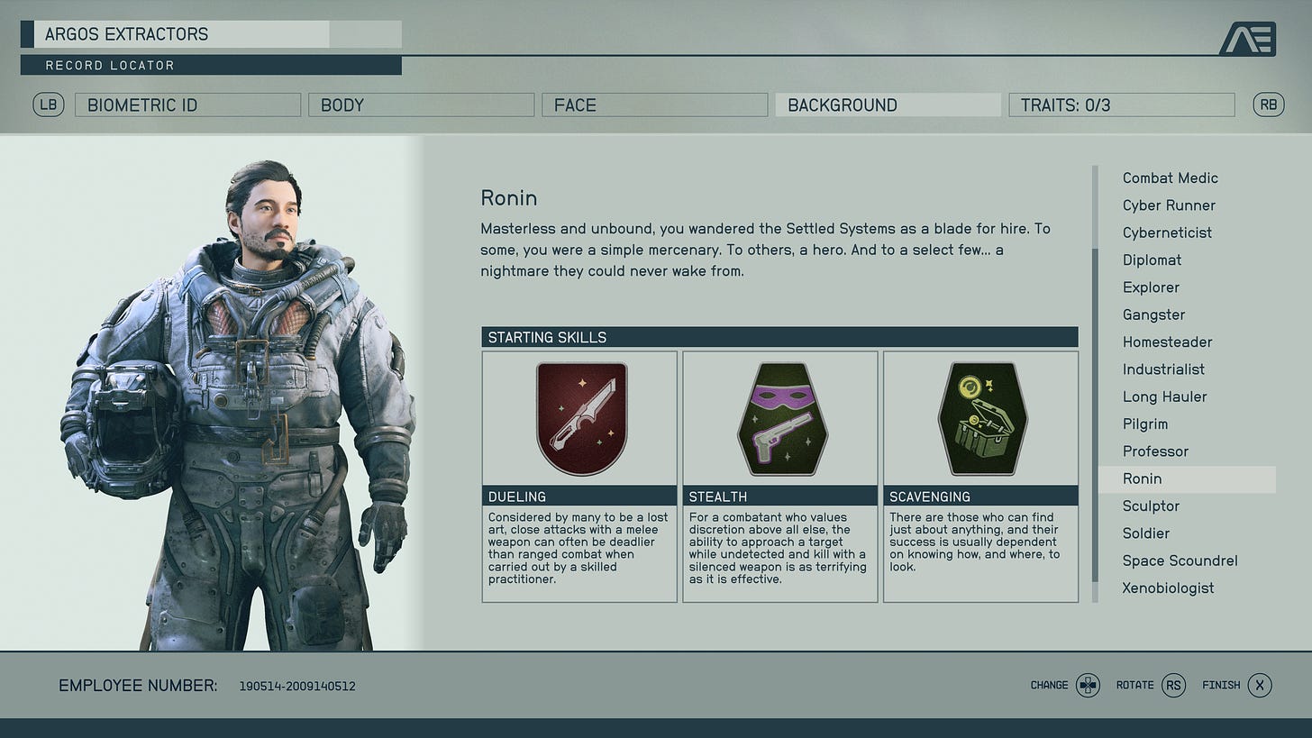 Character background selection screen – Ronin is chosen, with Dueling, Stealth, and Scavenging skills