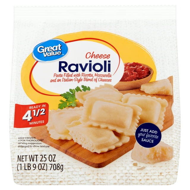 Great Value Cheese Ravioli, Pasta, 25 oz bag (Frozen)