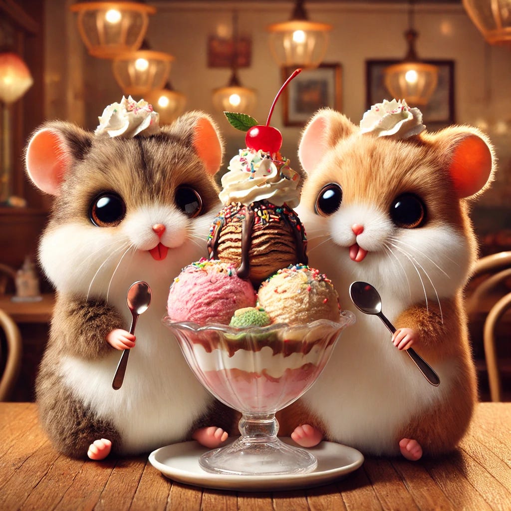 A photo-realistic image of two adorable, original hamster-like creatures with fluffy fur and big, expressive eyes sharing a giant ice cream sundae. The sundae has multiple scoops of colorful ice cream, topped with whipped cream, sprinkles, and a cherry on top. The creatures are sitting on a cozy café table, holding tiny spoons, happily enjoying their treat. The background features a warm and inviting café with soft lighting and a whimsical atmosphere.