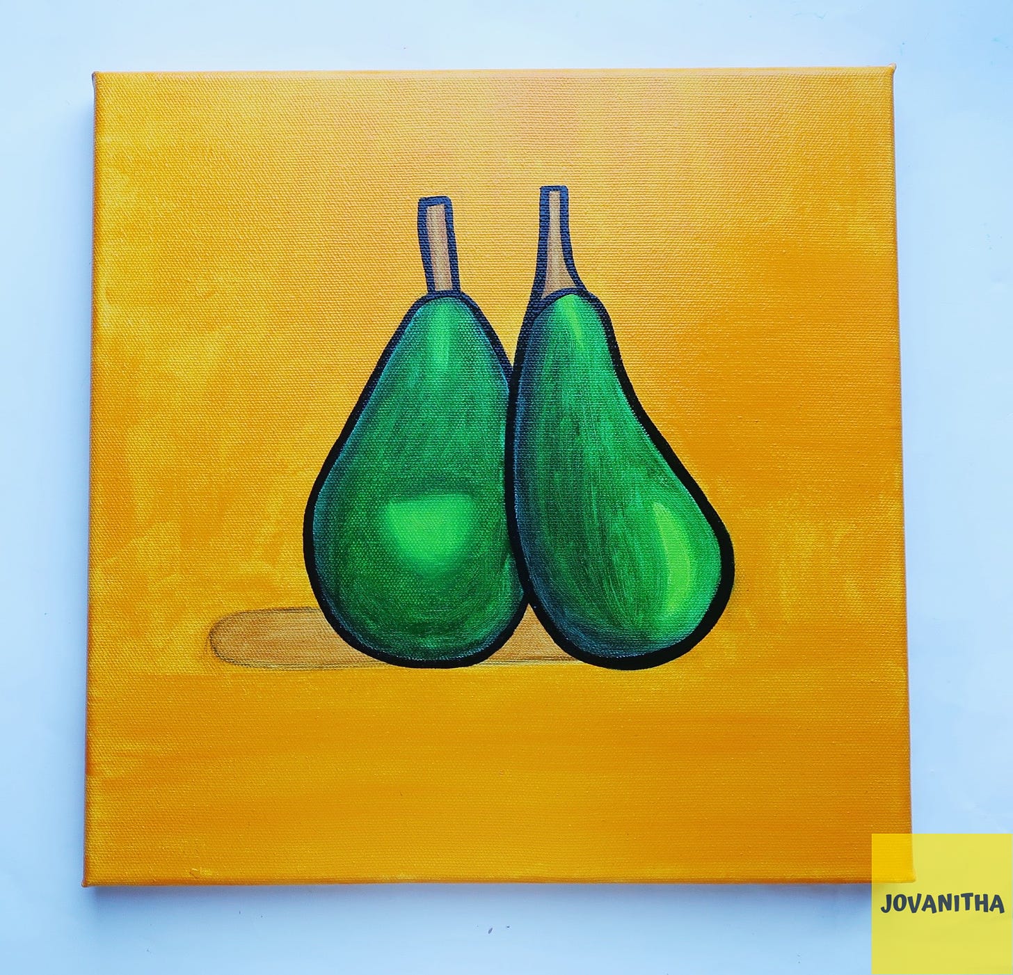 An oil painting of two green pears on a yellow background