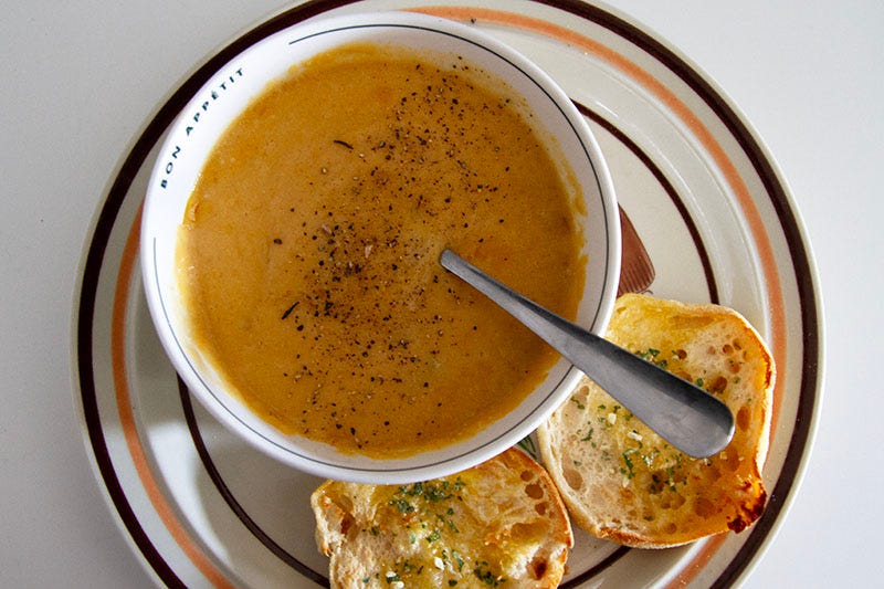 pumpkin soup with pepper and toasted english muffins.