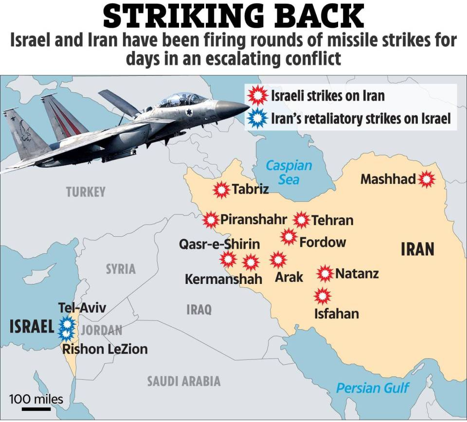 Map illustrating Israeli and Iranian missile strikes.