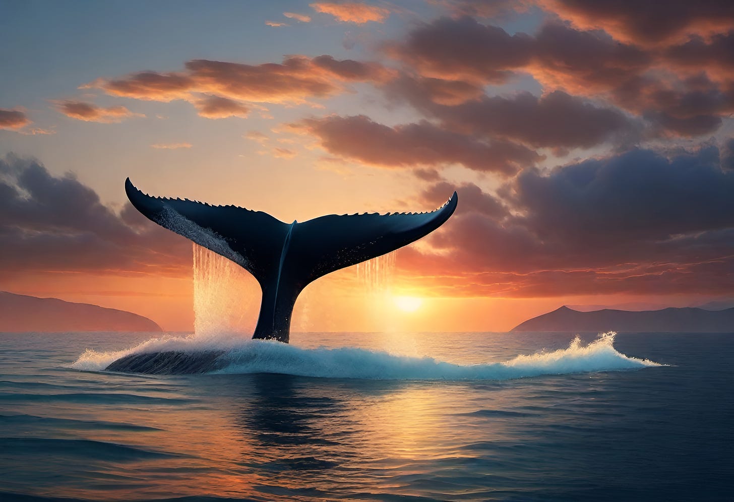 An illustration of a whale’s tail sticking out from the ocean at sunset.