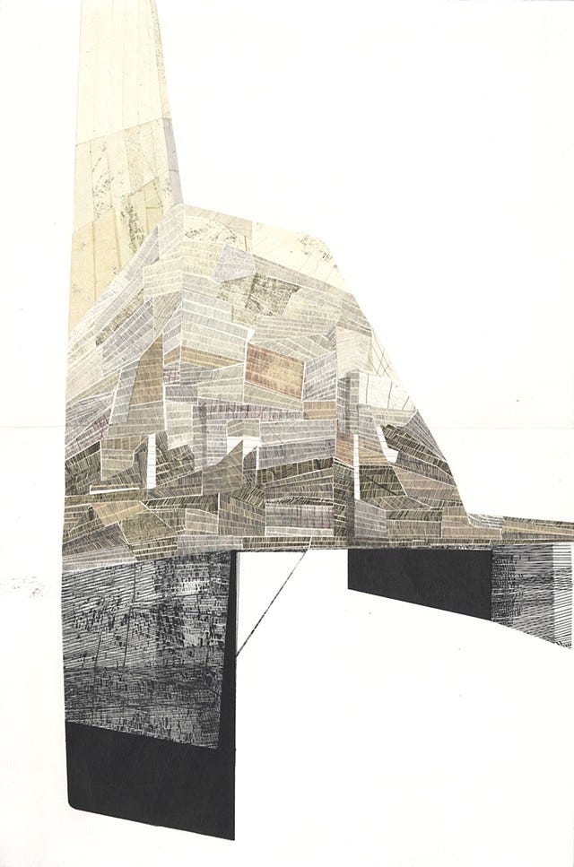 Image is a multimedia intaglio print and collage of an asymmetric figure resembling some sort of building or structure with thick legs of different lengths. There is a dramatic gradient of black to beige and cream at the top. The structure has a bit of a comical pose, as if one leg is up and one down, caught in the middle of a step up or down.