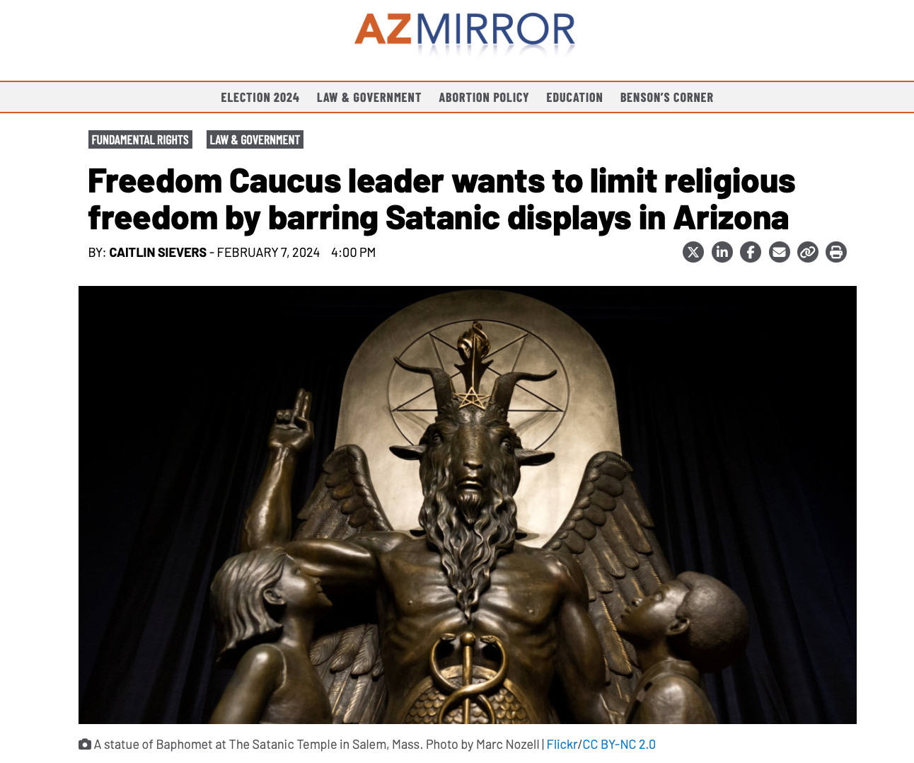Headline from AZ mirror with picture of Baphomet statue, about the R.E.S.P.E.C.T. act