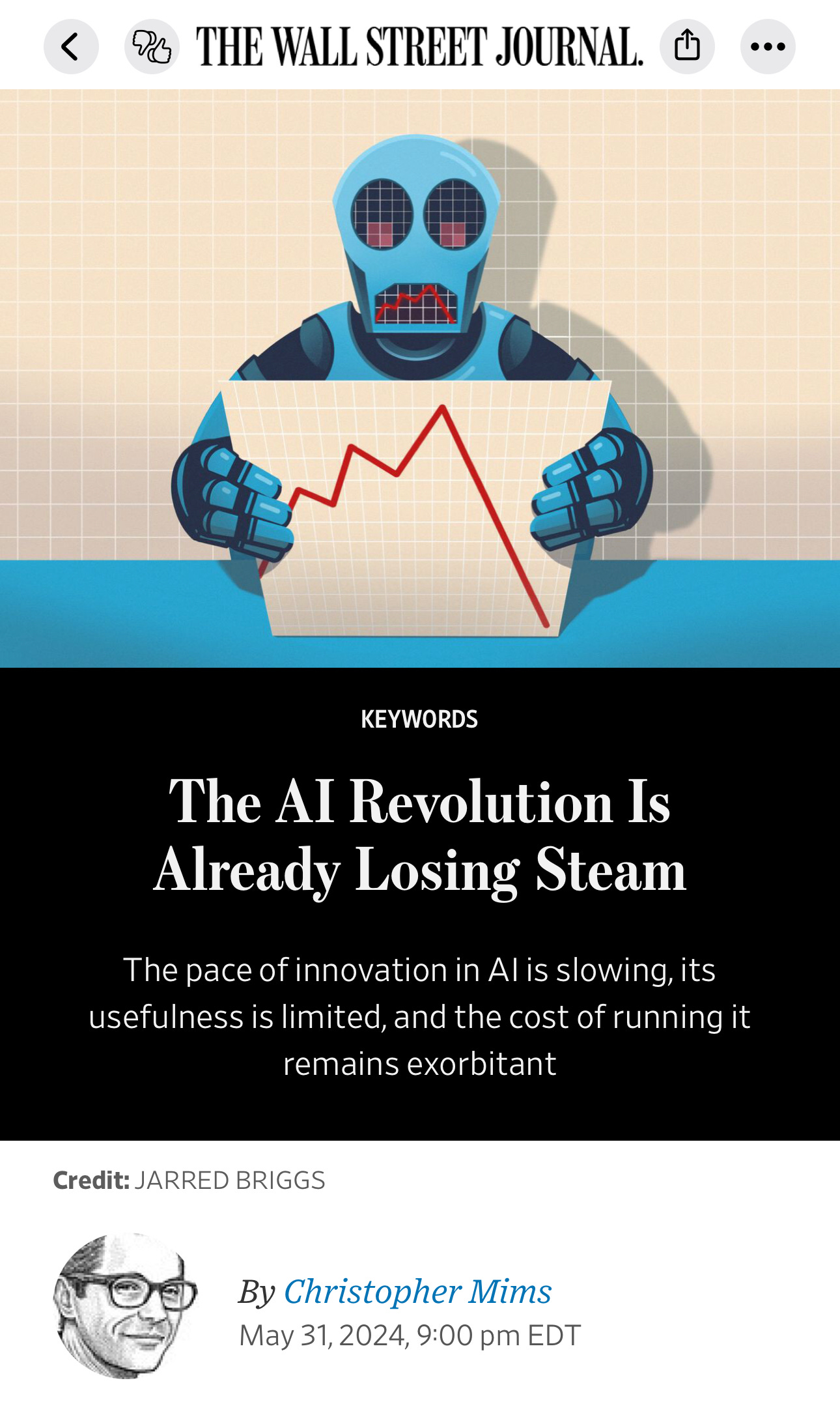 Cover art from a Wall Street Journal article titled "The AI Revolution is already losing steam" with a subhead stating "The pace of innovation in AI is slowing, its usefulness is limited, and the cost of running it remains exorbitant".