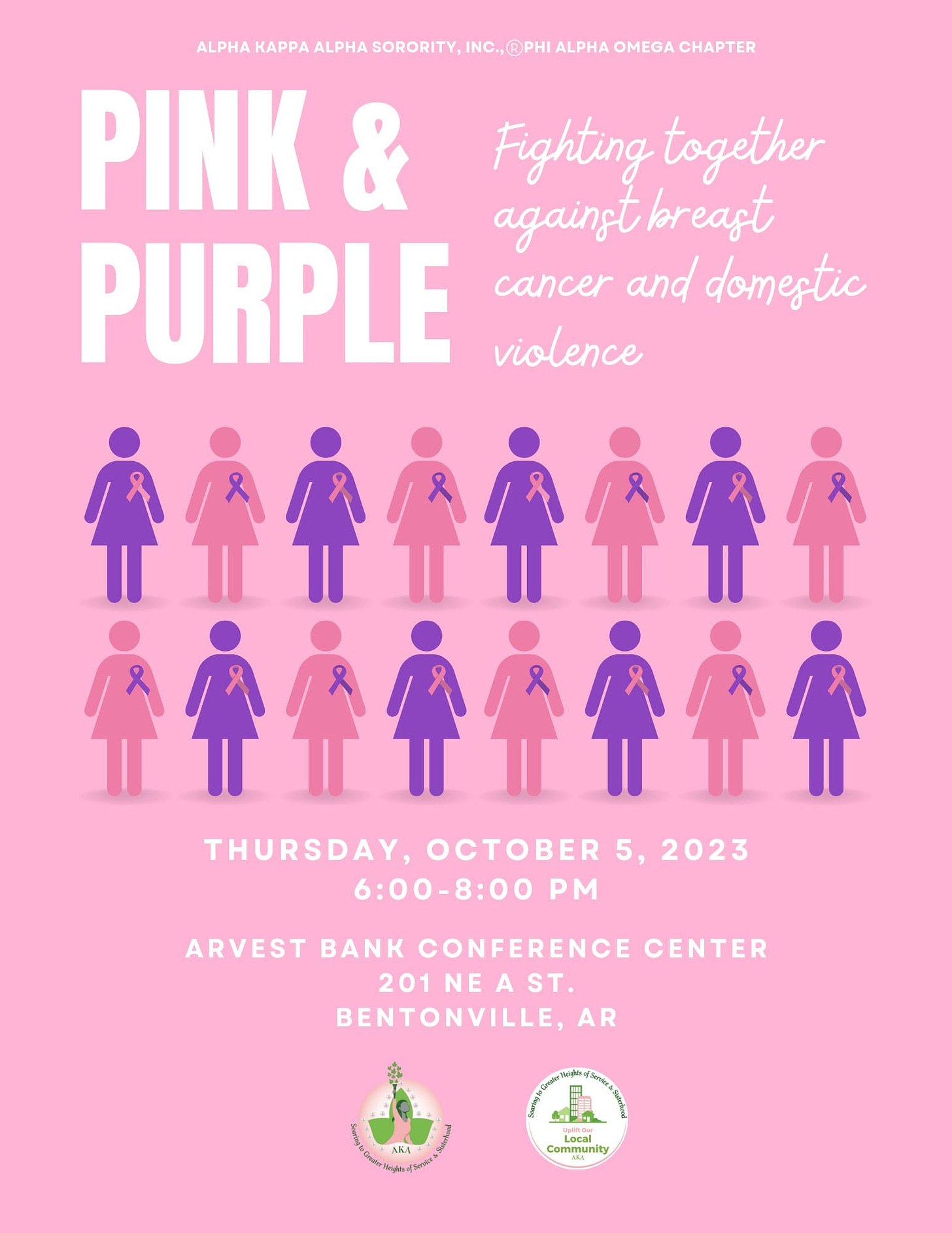 May be a graphic of text that says 'ALPHA KAPPA ALPHA SORORITY, INC.,®PHI ALPHA OMEGA CHAPTER PINK & Fighting together against breast PURPLE cancer and domestic violence THURSDAY, OCTOBER 5, 2023 6:00-8:00 PM ARVEST BANK CONFERENCE CENTER 201NEAST. BENTONVILLE, AR .Se Upllit.Our Community'