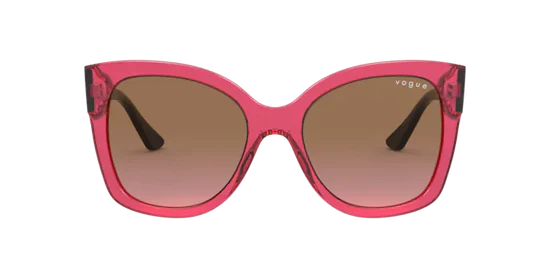 A pair of Vogue cherry-red edged sunglasses, face on. 